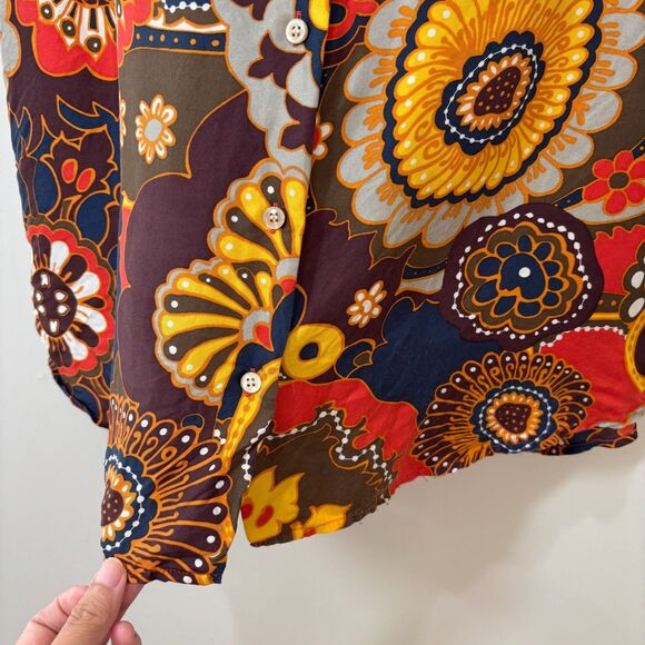 J Crew Paisley Silk Blouse 4 Brown Orange Ruffle Sleeveless Back Button Office - Picture 6 of 9